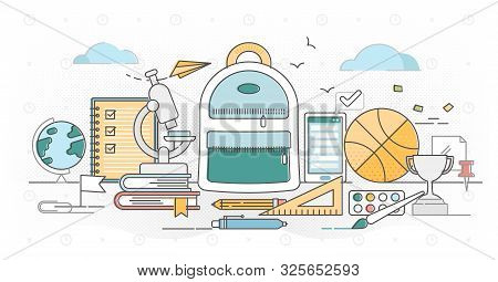 School Outline Concept Vector Illustration. Primary School Basic Knowledge Learning In Elementary Gr