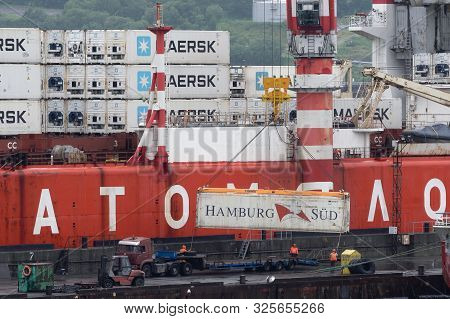 Crane Unloads Russian Container Ship Sevmorput - Nuclear-powered Icebreaker Lighter Aboard Ship Carr