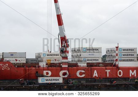 Crane Unloaded Russian Container Cargo Ship Sevmorput - Nuclear-powered Icebreaker Lighter Aboard Sh