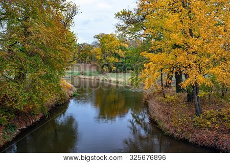 Muskau Park And Neisse River At Autumn Morning. German-polish Border