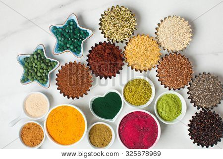 Superfood Smoothie Boosters, Various Dietary Supplements In Bowls