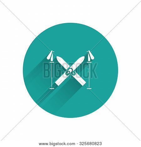 White Ski And Sticks Icon Isolated With Long Shadow. Extreme Sport. Skiing Equipment. Winter Sports 