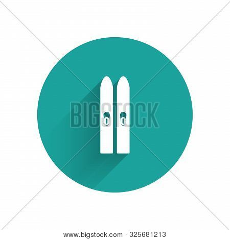 White Ski And Sticks Icon Isolated With Long Shadow. Extreme Sport. Skiing Equipment. Winter Sports 