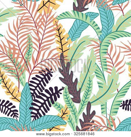 Seamless Cartoon Illustration. Interior Decoration. Hand Drawn Vector Tropical Leaves On The White B