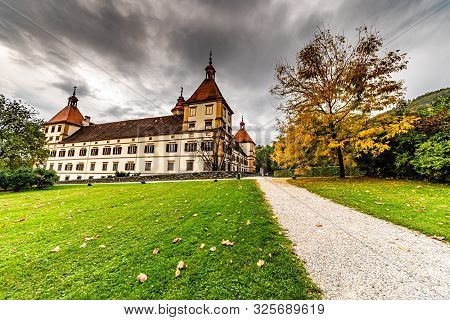 Graz, Austria 02.10.2019: View At Eggenberg Palace In Autumn Tourist Spot, Famous Travel Destination