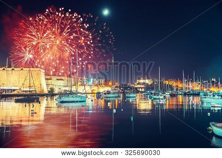 Malta Valletta Night Festival Of Fireworks. Travel Concept