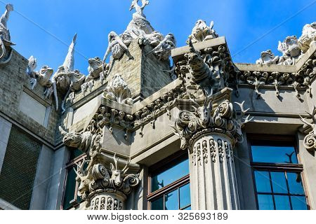 House With Chimeras In Kiev, Ukraine. Art Nouveau Building With Sculptures Of Mythical Animals Was C