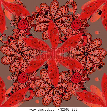 Flowers On Brown, Red And Orange Colors. Seamless Floral Pattern In Vector Illustration.