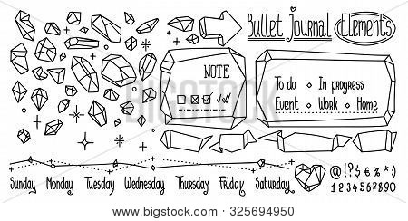 Bullet Journal Crystal Doodles. Hand Drawn Gemstones For Notebook, Diary. Cute Doodle Isolated On Wh