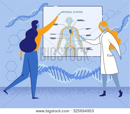 Young Girl Student Reply To Teacher Classroom Standing At Placard With Arterial Human System. Tutor 