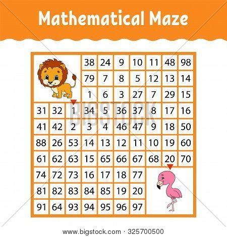 Mathematical Maze. Game For Kids. Funny Labyrinth. Education Developing Worksheet. Activity Page. Pu