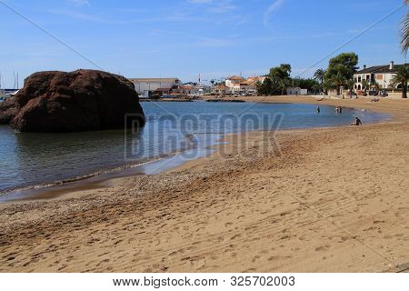 Beautiful La Ermita Beach In Mazarron, Murcia, Spain. Island In The Background.