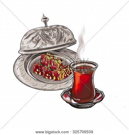 Hand Drawn Illustration Of Traditional Turkish Dessert Lokum And Tea In Authentic Glass Bardak With 