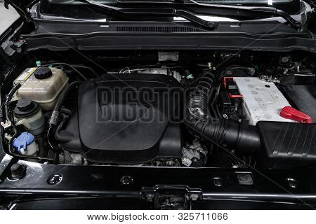 Novosibirsk, Russia - September 11, 2019:  Actyon Ssangyong, Close Up Detail Of  Car Engine, Front V