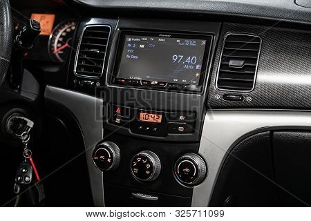 Novosibirsk, Russia - September 11, 2019:  Actyon Ssangyong, Car Interior - Steering Wheel, Shift Le