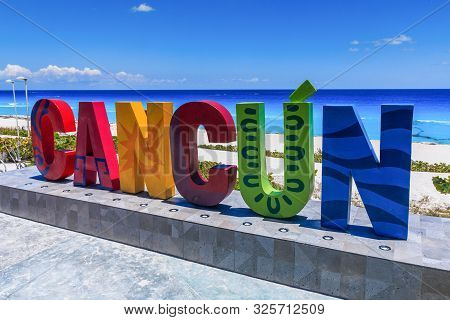 Cancun, Mexico - April 21, 2019: Dolphin Beach (playa Delfines). Resort Town Sign.