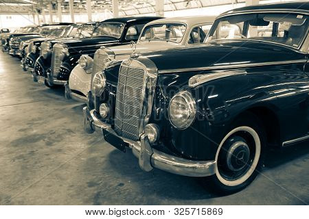 Nakhon Pathom, Thailand - August 3, 2019: Vintage Mercedes Benz 300b In Black And White Color Exhibi