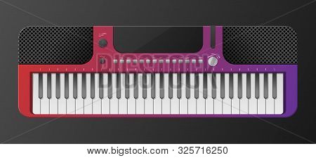 Elecronic Piano Isolated On Dark Background. Keyboard Piano Musical Instruments. Music Synthesizer. 