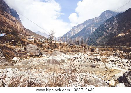 Picturesque Mountain Valley Landscape Scenery In One Summer Morning Panoramic View.