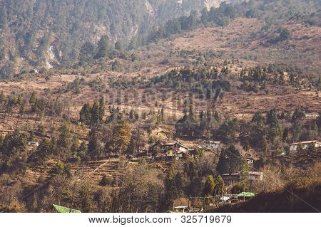 Picturesque Mountain Valley Landscape Scenery In One Summer Morning Panoramic View.