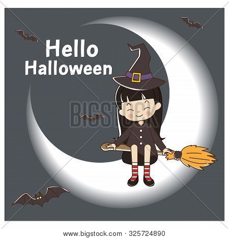 Cute Happy Smiling Girl In Witch Costume On Magic Broom