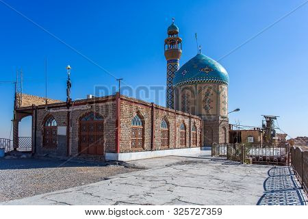 A Mosque Prophet Khidr Or Khezr Temple With A Blue Mosaic Dome And A Minaret On Top Of A Mountain, O