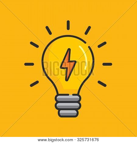 Light Bulb And Lightning Bolt Logo. Electric Light. Design Thinking. Vector Stock.