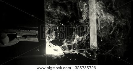 Welder Erecting Technical Steel. Industrial Steel Welder In Factory Technical .black And White Photo