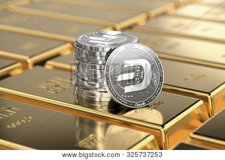 Dash Coins (with 2019 Updated Logo) Are Laying On Stacked Gold Bars Or Ingots.highly Desirable Crypt
