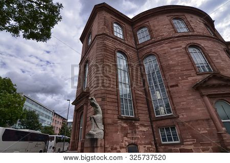 Frankfurt Am Main, Germany, August 2019. On The Right The Paulskirche Red Brick Church, Memorial To 