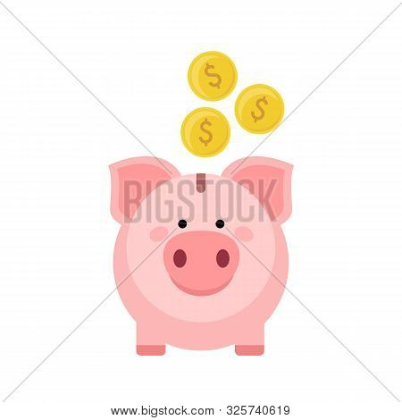 Pink Piggy Bank With Falling Golden Coins Isolated On White Background. Pig Icon Saving Or Accumulat