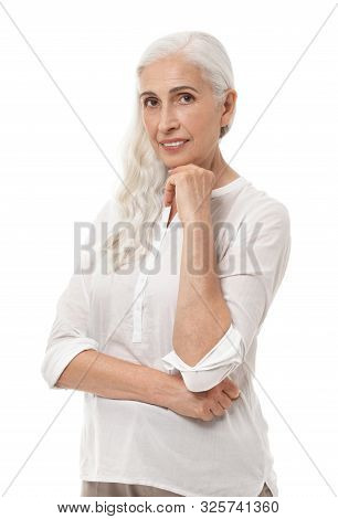 Portrait Of Beautiful Mature Woman On White Background