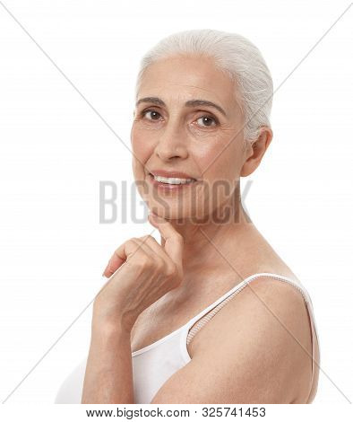 Portrait Of Beautiful Mature Woman On White Background
