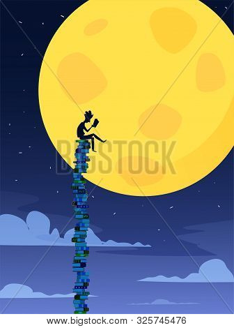 Guy Reads A Book While Sitting On A Huge Stack Of Books. Love To Read Concept Illustration. Vector