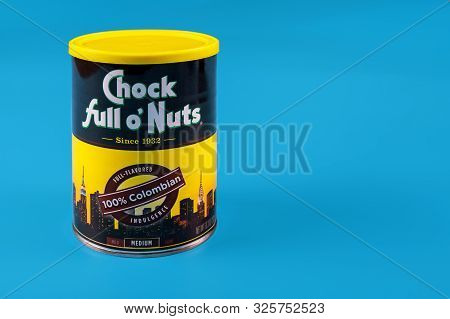 October 04 2019 Ny Usa: Chock Full O Nuts, Metal Box Can For Coffee Packaging On A Isolated Against 