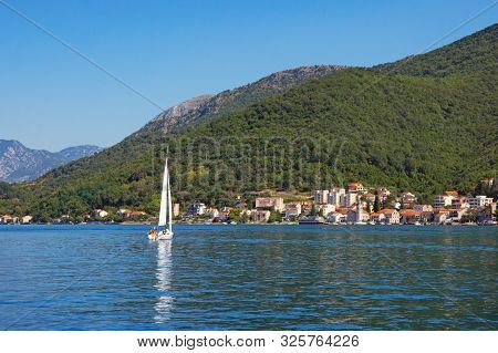 Beautiful Summer Mediterranean Landscape. Montenegro, Adriatic Sea. View Of Bay Of Kotor And  Donja 