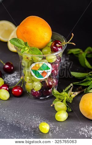 Russia St. Petersburg Greenbox 01102019 Fruit Mix Grape Lemon Cherry Sweet Peach, In A Plastic Conta