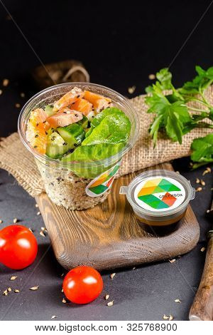 Russia St. Petersburg Greenbox 01102019 Italian Salad With Olives, Cereals, In A Plastic Container, 