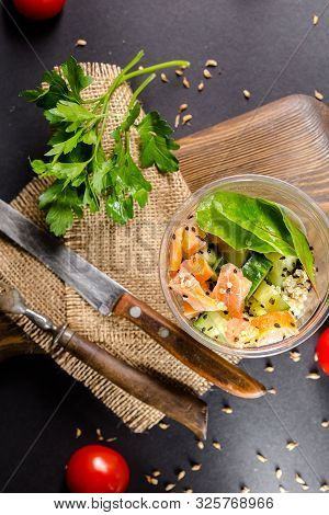 Russia St. Petersburg Greenbox 01102019 Italian Salad With Olives, Cereals, In A Plastic Container, 