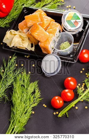 Russia Saint Petersburg Greenbox 01102019 Sushi Rolls Philadelphia Lies On A Square Stone Slate, Wit