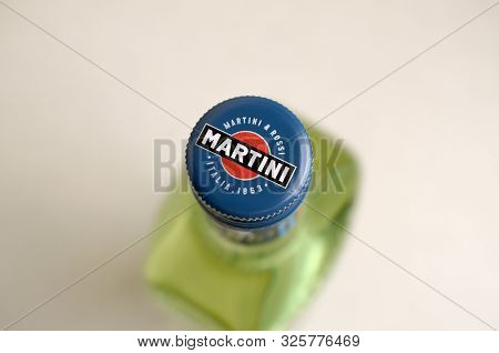 Kharkov, Ukraine - September 23, 2019: Bottle Of Vermouth Martini Rossi Close Up Logo On Beige Wall 