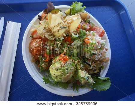Hawaiian Poki Plate On Blue Tray With Wrapped Chopsticks
