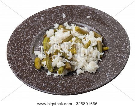 Rice With Asparagus Beans On A Brown With Murble Crumb Plate Isolated On White Background .healthy F