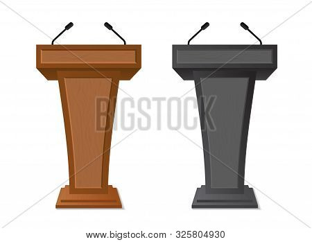 Podium Rostrum With Microphone For Debate, Speech, Press Conference, Dispute, Audience. Podium Tribu