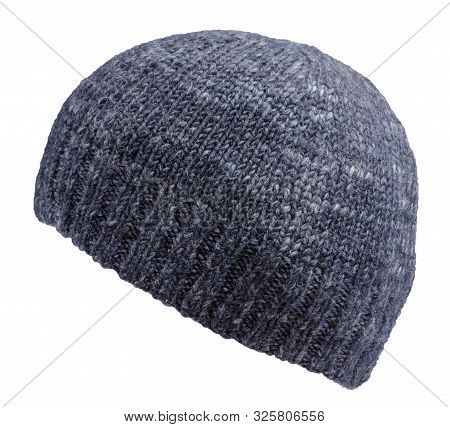 Blue Hat Isolated On White Background .knitted Hat Side View.