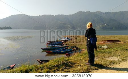 Pokhara, Nepal - November 4, 2017: The Athmosphere Around Phewa Lake Pokhara Nepal.