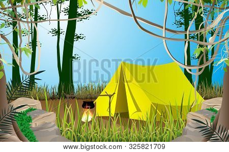 Camping Tent In Jugle On The Mountain