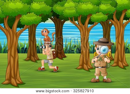 The Scout Boys Exploring In Forest Illustration