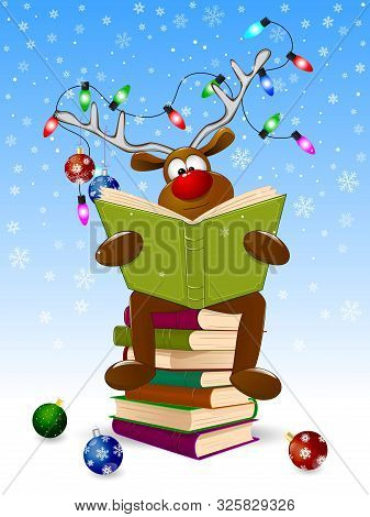Cartoon Deer Reads A Book For Christmas. A Deer With A Book And With Christmas Decorations On A Wint