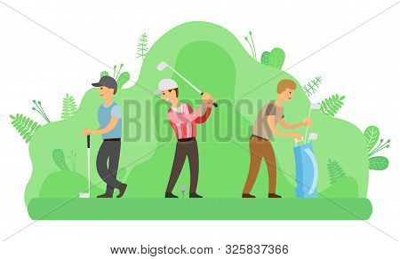 Men Playing Golf With Putters, Summer Outdoor Activity Vector. Hitting Ball And Sack With Sport Equi